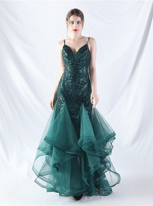 In Stock:Ship in 48 Hours Dark Green Sequins Tulle Party Dress