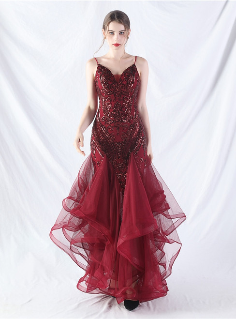 In Stock:Ship in 48 Hours New Burgundy Sequins Tulle Party Dress