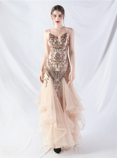 In Stock:Ship in 48 Hours Best Gold Sequins Tulle Party Dress