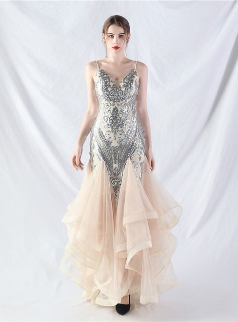 In Stock:Ship in 48 Hours Apricot Silver Sequins Tulle Party Dress