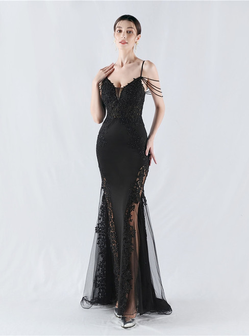 In Stock:Ship in 48 Hours Black Mermaid Spaghetti Straps Lace Party Dress