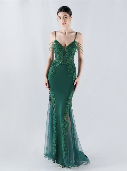 In Stock:Ship in 48 Hours Green Mermaid Spaghetti Straps Lace Party Dress