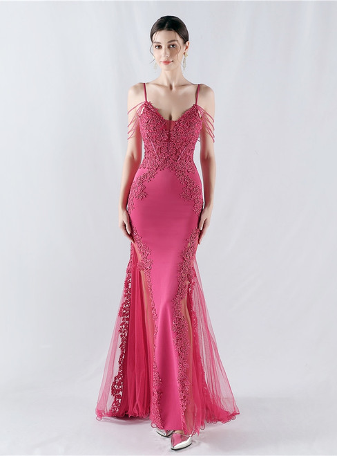In Stock:Ship in 48 Hours Fuchsia Mermaid Spaghetti Straps Lace Party Dress