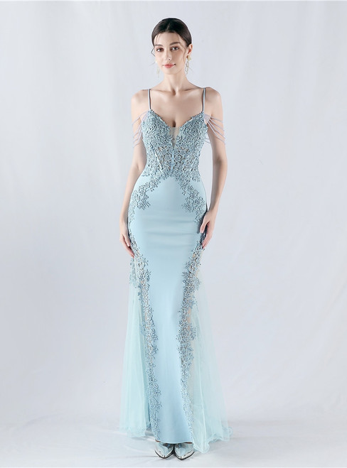 In Stock:Ship in 48 Hours Light Blue Mermaid Spaghetti Straps Lace Party Dress