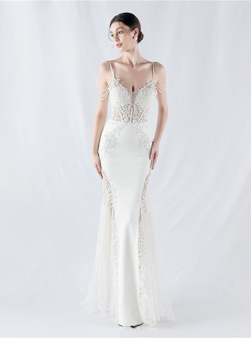 In Stock:Ship in 48 Hours White Mermaid Spaghetti Straps Lace Party Dress
