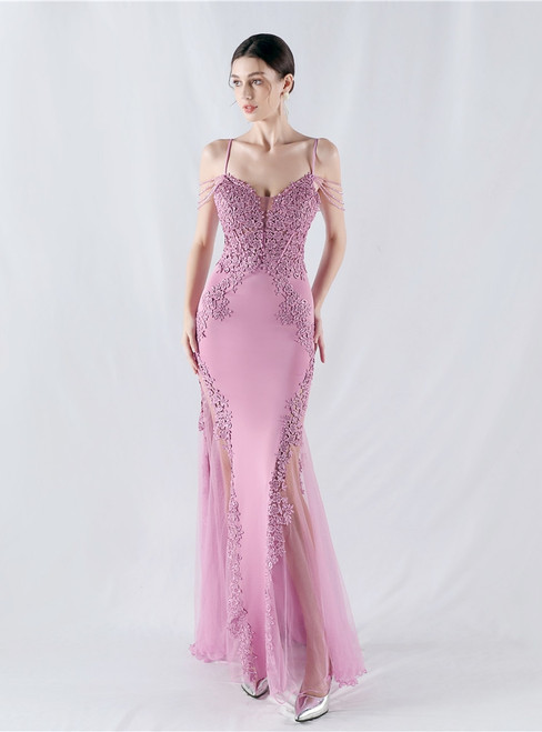 In Stock:Ship in 48 Hours Purple Mermaid Spaghetti Straps Lace Party Dress