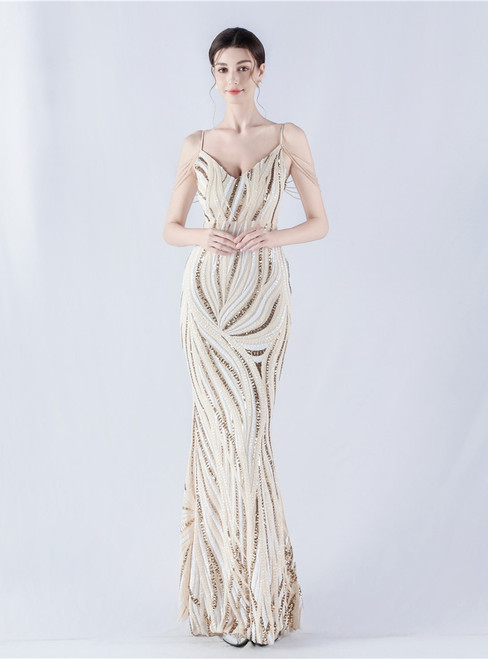 In Stock:Ship in 48 Hours Simple Apricot Sequins Straps Beading Party Dress