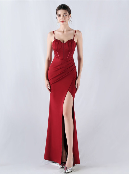 In Stock:Ship in 48 Hours Bugrundy Mermaid Straps Pleats Party Dress