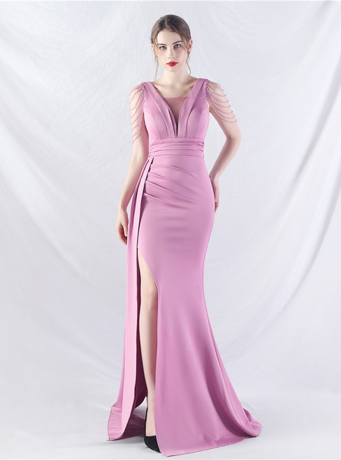 In Stock:Ship in 48 Hours Purple Mermaid Pleats Beading Party Dress