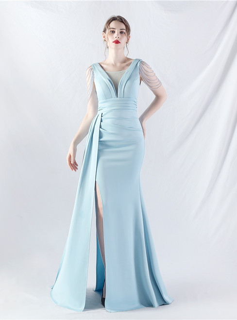 In Stock:Ship in 48 Hours Simple Blue Mermaid Pleats Beading Party Dress
