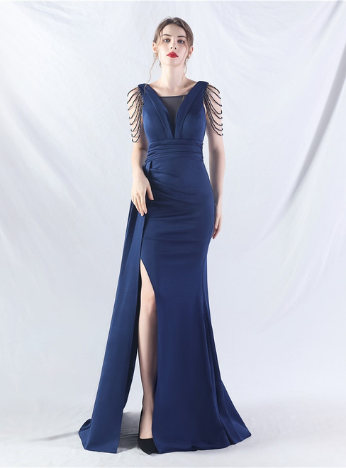 In Stock:Ship in 48 Hours Simple Navy Blue Mermaid Beading Party Dress