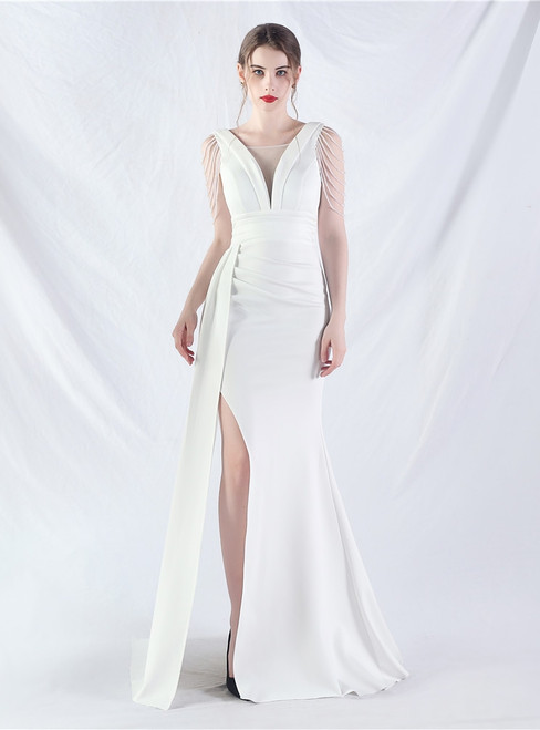 In Stock:Ship in 48 Hours Simple White Mermaid Beading Party Dress
