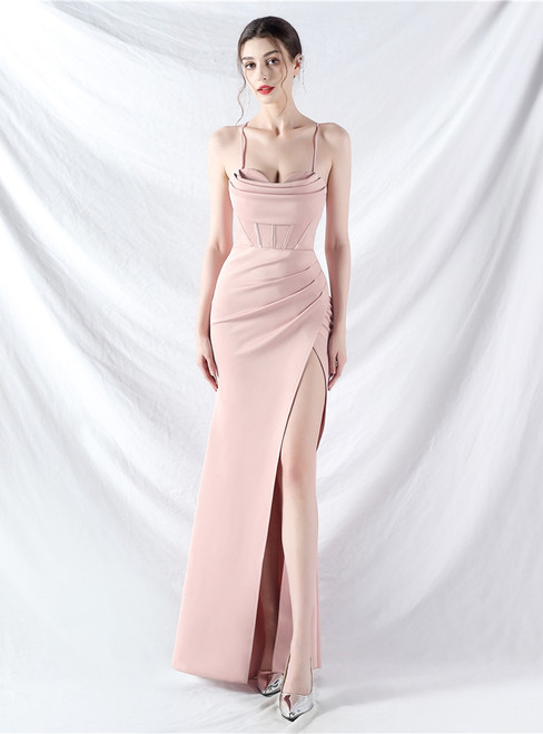 In Stock:Ship in 48 Hours Pink Straps Split Pleats Party Dress