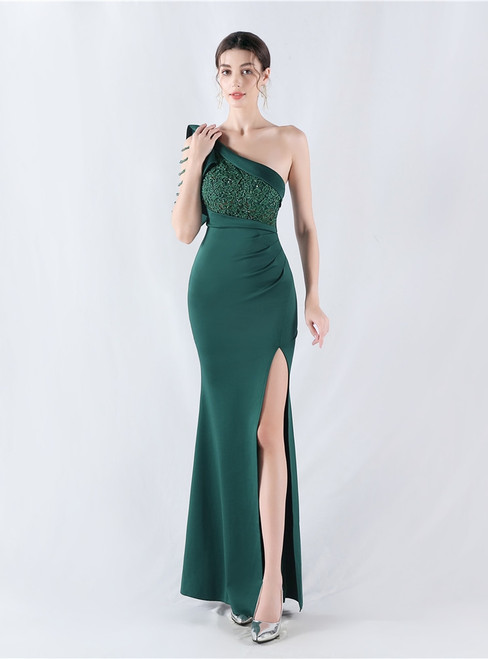 In Stock:Ship in 48 Hours Green One Shoulder Lace Beading Party Dress
