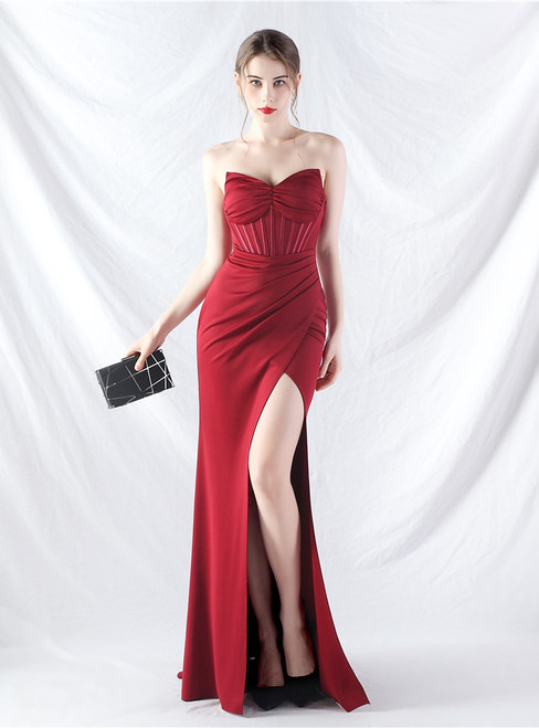 In Stock:Ship in 48 Hours Burgundy Mermaid Pleats Party Dress