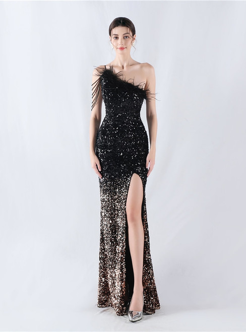 In Stock:Ship in 48 Hours Black Gold Mermaid Sequins One Shoulder Party Dress