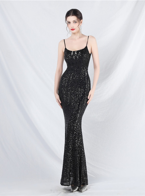 In Stock:Ship in 48 Hours Modest Black Sequins Straps Party Dress