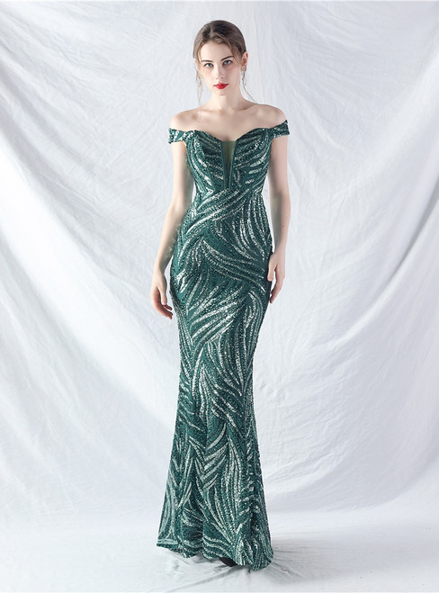 In Stock:Ship in 48 Hours Cheap Green Mermaid Sequins Off the Shoulder Party Dress
