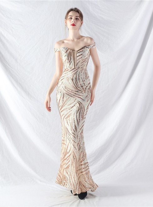 In Stock:Ship in 48 Hours Sweet Gold Mermaid Sequins Off the Shoulder Party Dress