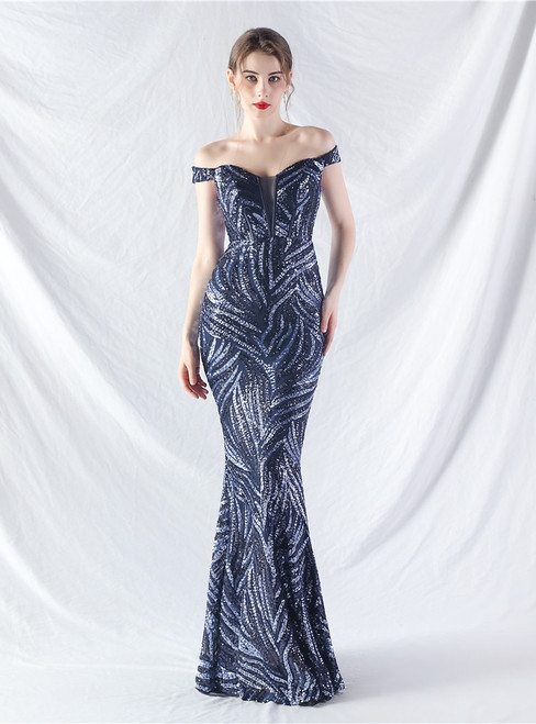 In Stock:Ship in 48 Hours Cheap Navy Blue Mermaid Sequins Off the Shoulder Party Dress