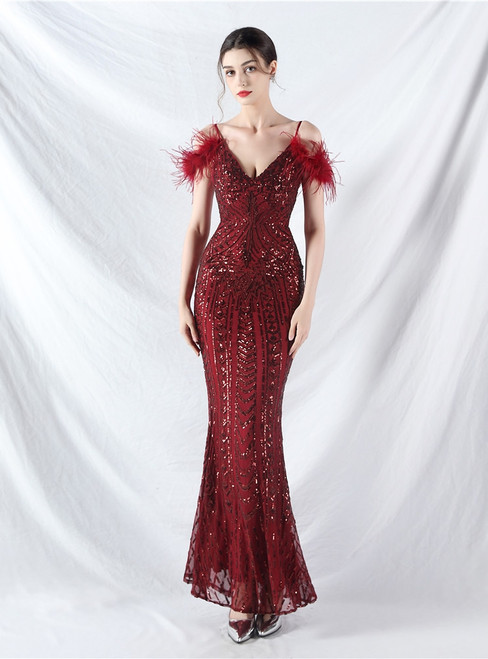 In Stock:Ship in 48 Hours Burgundy Sequins Feather Party Dress