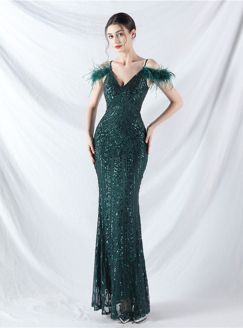 In Stock:Ship in 48 Hours Green Sequins Feather Party Dress
