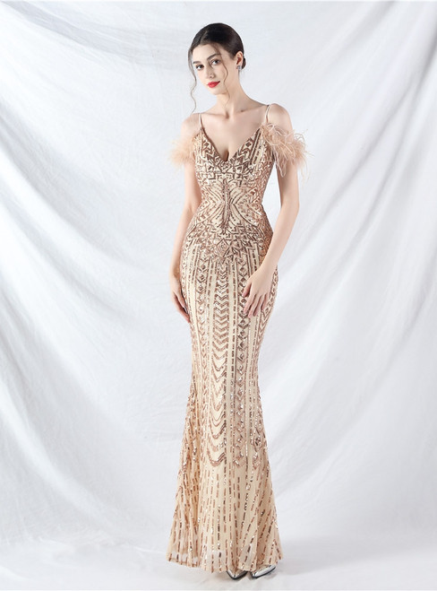 In Stock:Ship in 48 Hours Fancy Gold Sequins Feather Party Dress