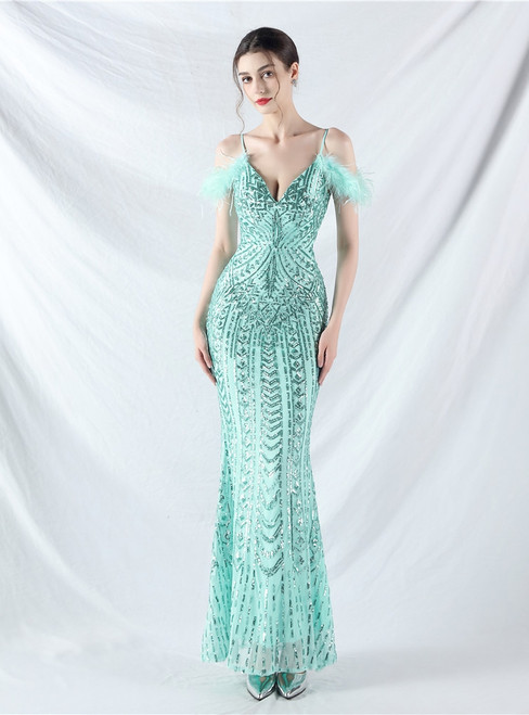 In Stock:Ship in 48 Hours Hot Sale Green Sequins Feather Party Dress