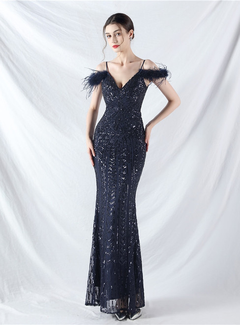 In Stock:Ship in 48 Hours Navy Blue Sequins Feather Party Dress