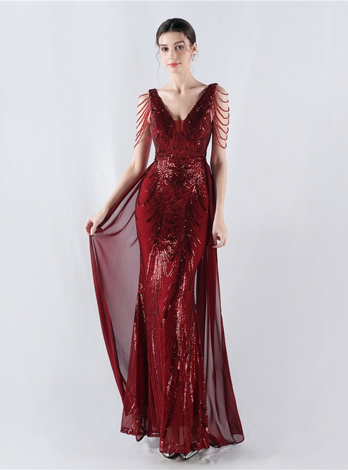 In Stock:Ship in 48 Hours Burgundy V-neck Backless Sequins Beading Party Dress