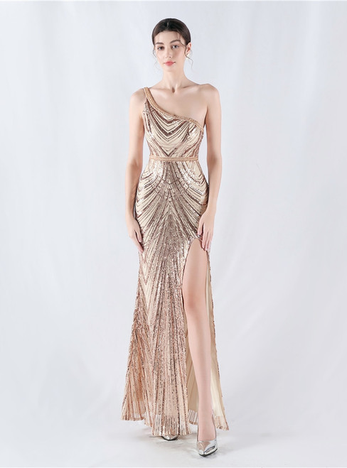In Stock:Ship in 48 Hours New Gold Mermaid Sequins Beading Party Dress