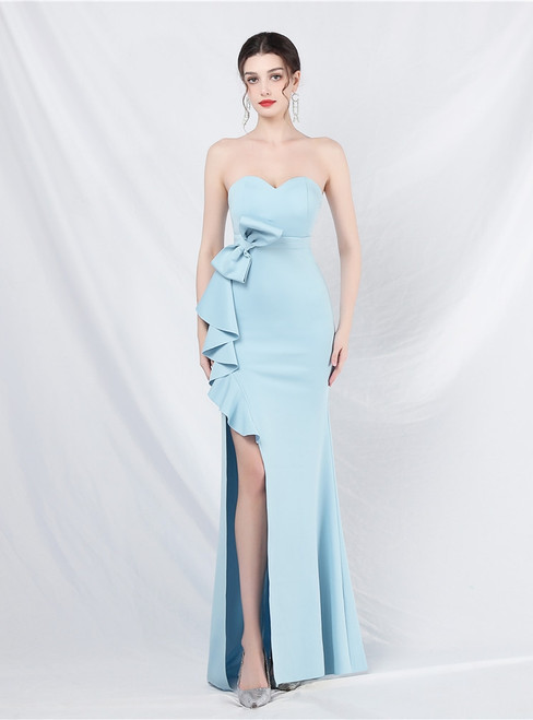 In Stock:Ship in 48 Hours Sky Blue Strapless Split Bow Party Dress