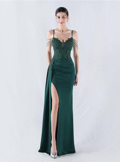 In Stock:Ship in 48 Hours Green Spaghetti Straps Lace Party Dress