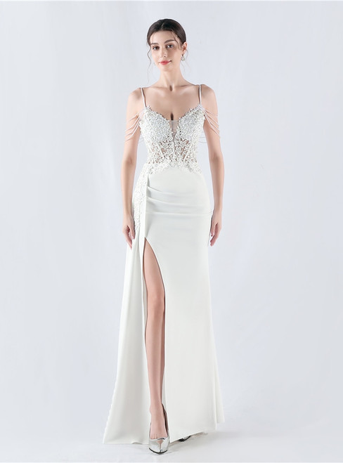 In Stock:Ship in 48 Hours White Spaghetti Straps Lace Party Dress