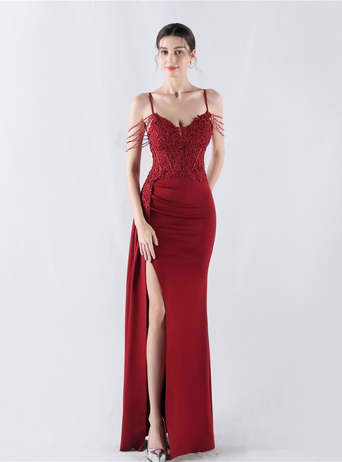 In Stock:Ship in 48 Hours Burgundy Spaghetti Straps Lace Party Dress
