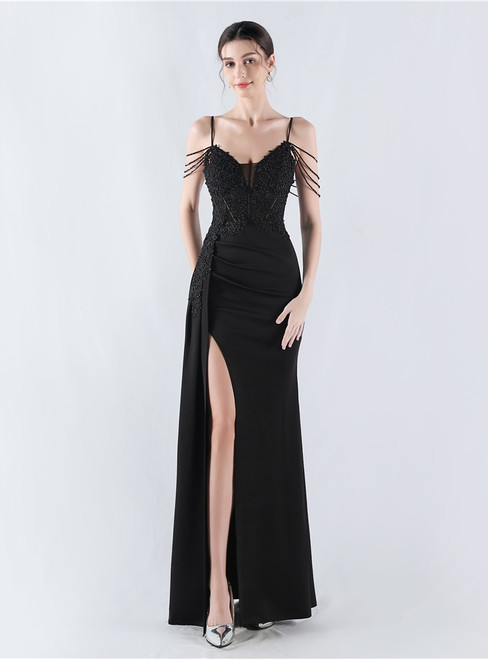 In Stock:Ship in 48 Hours Black Spaghetti Straps Lace Party Dress