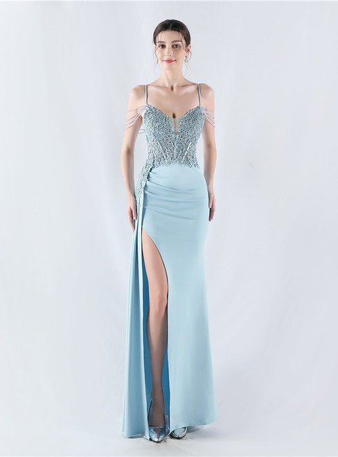 In Stock:Ship in 48 Hours Light Blue Spaghetti Straps Lace Party Dress