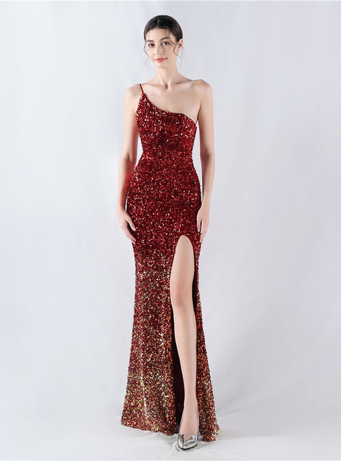 In Stock:Ship in 48 Hours Causal Burgundy Mermaid Sequins Party Dress