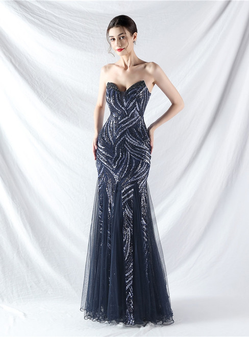 In Stock:Ship in 48 Hours Fashion Navy Blue Sequins Beading Party Dress