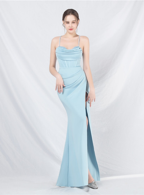 In Stock:Ship in 48 Hours Blue Pleats Straps Split Party Dress