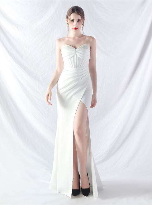 In Stock:Ship in 48 Hours White Strapless Beading Party Dress