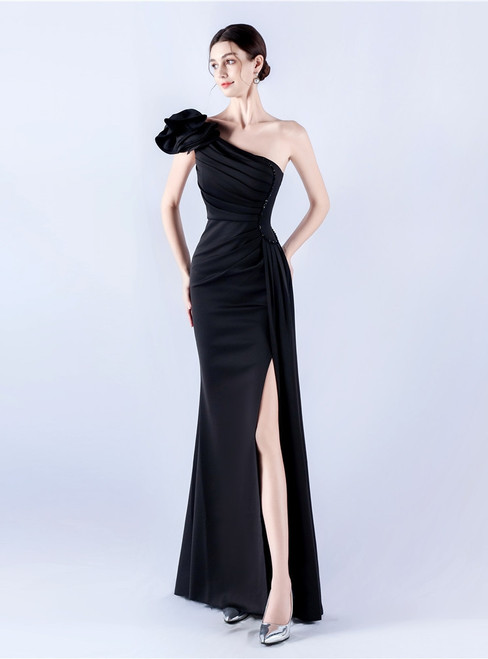 In Stock:Ship in 48 Hours Casual Black One Shoulder Pleats Split Party Dress
