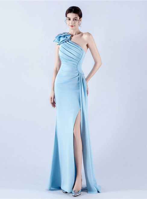 In Stock:Ship in 48 Hours Dreamy Sky Blue One Shoulder Pleats Split Party Dress
