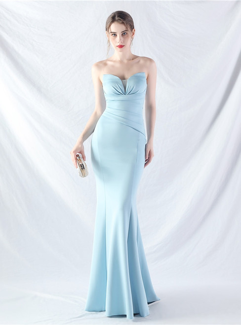 In Stock:Ship in 48 Hours Blue Mermaid Pleats Strapless Party Dress