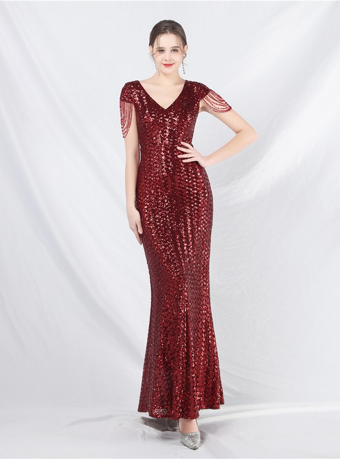 In Stock:Ship in 48 Hours V-neck Sequins Beading Cap Sleeve Party Dress