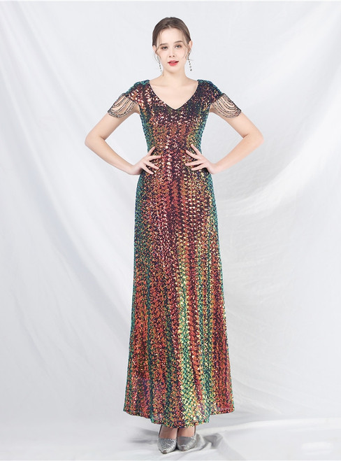 In Stock:Ship in 48 Hours Colorful Blue V-neck Sequins Beading Cap Sleeve Party Dress