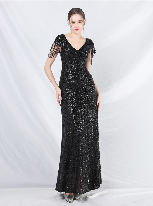 In Stock:Ship in 48 Hours Green V-neck Sequins Beading Cap Sleeve Party Dress