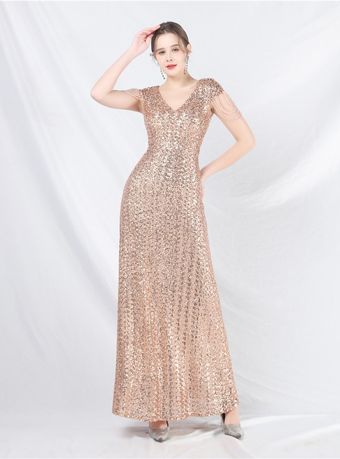 In Stock:Ship in 48 Hours Gold V-neck Sequins Beading Cap Sleeve Party Dress