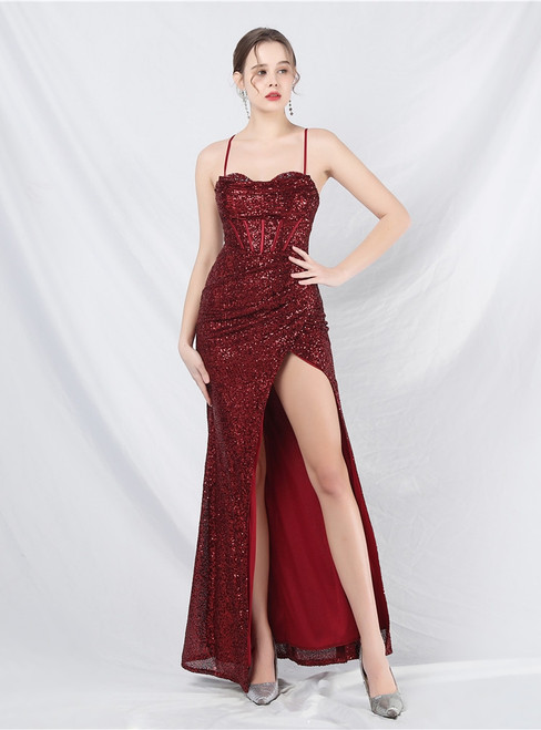In Stock:Ship in 48 Hours Fairy Tale Burgundy Sequins Straps Beading Party Dress