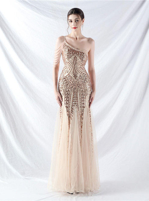 In Stock:Ship in 48 Hours Noble Gold One Shoulder Sequins Beading Party Dress